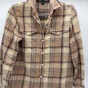 Ralph Lauren Tan/Beige/Brown Plaid Flannel Shirt, Size‎ Small